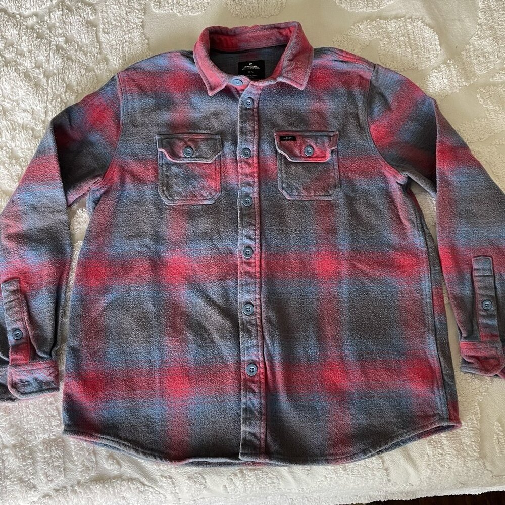 Rip Curl Shirt Boys 14 Red Gray Checked Thick Flannel Long Sleeve Button Up